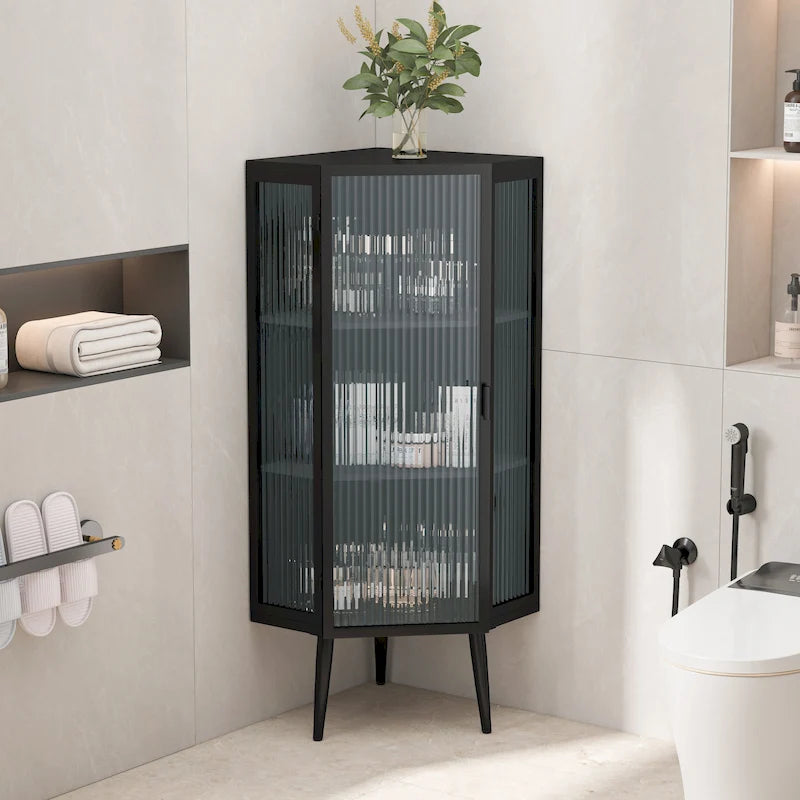 3-Tier Corner Cabinet - Tempered Glass Doors, Iron Frame, 66lb Top Capacity, Black/White, Double-Layer Storage, 22x43"