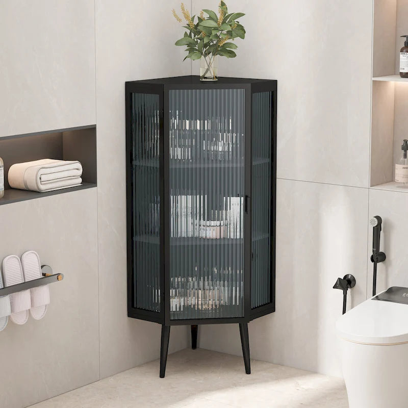 3-Tier Corner Cabinet - Tempered Glass Doors, Iron Frame, 66lb Top Capacity, Black/White, Double-Layer Storage, 22x43"