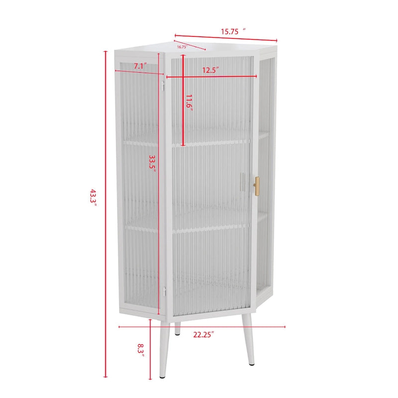 3-Tier Corner Cabinet - Tempered Glass Doors, Iron Frame, 66lb Top Capacity, Black/White, Double-Layer Storage, 22x43"