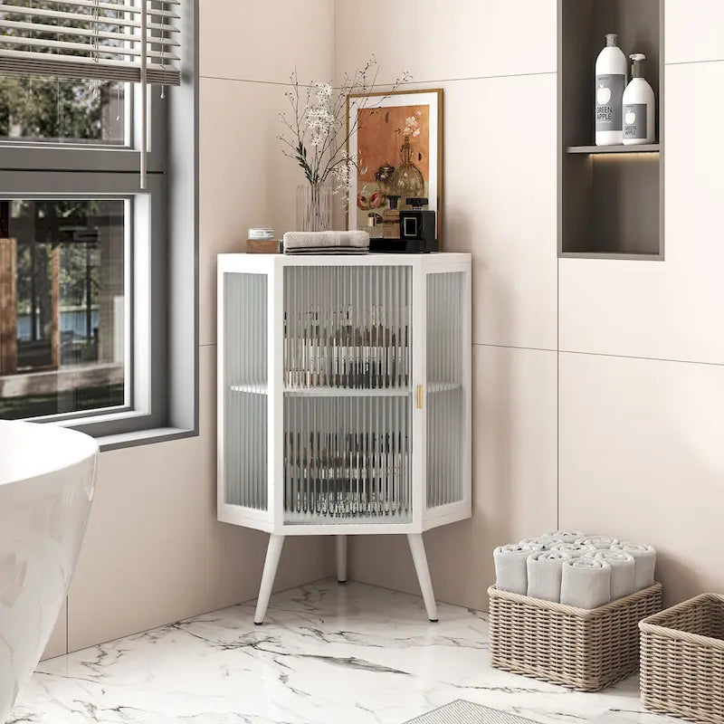 3-Tier Corner Cabinet - Tempered Glass Doors, Iron Frame, 66lb Top Capacity, Black/White, Double-Layer Storage, 22x43"