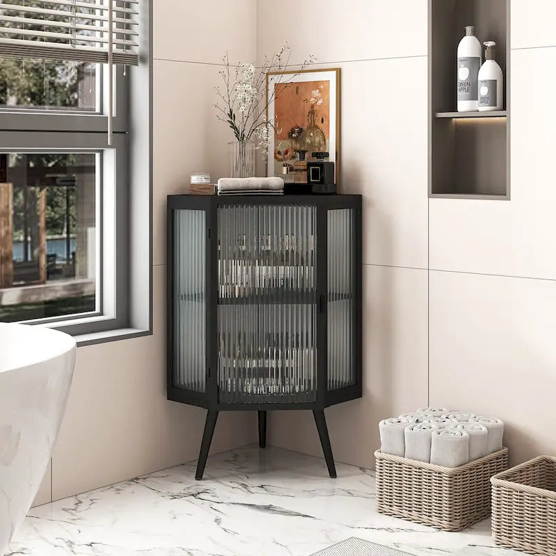 3-Tier Corner Cabinet - Tempered Glass Doors, Iron Frame, 66lb Top Capacity, Black/White, Double-Layer Storage, 22x43"