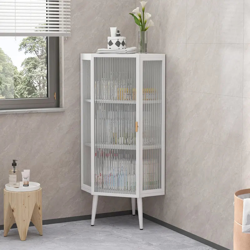 3-Tier Corner Cabinet - Tempered Glass Doors, Iron Frame, 66lb Top Capacity, Black/White, Double-Layer Storage, 22x43"