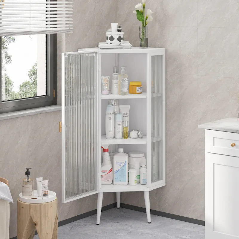 3-Tier Corner Cabinet - Tempered Glass Doors, Iron Frame, 66lb Top Capacity, Black/White, Double-Layer Storage, 22x43"
