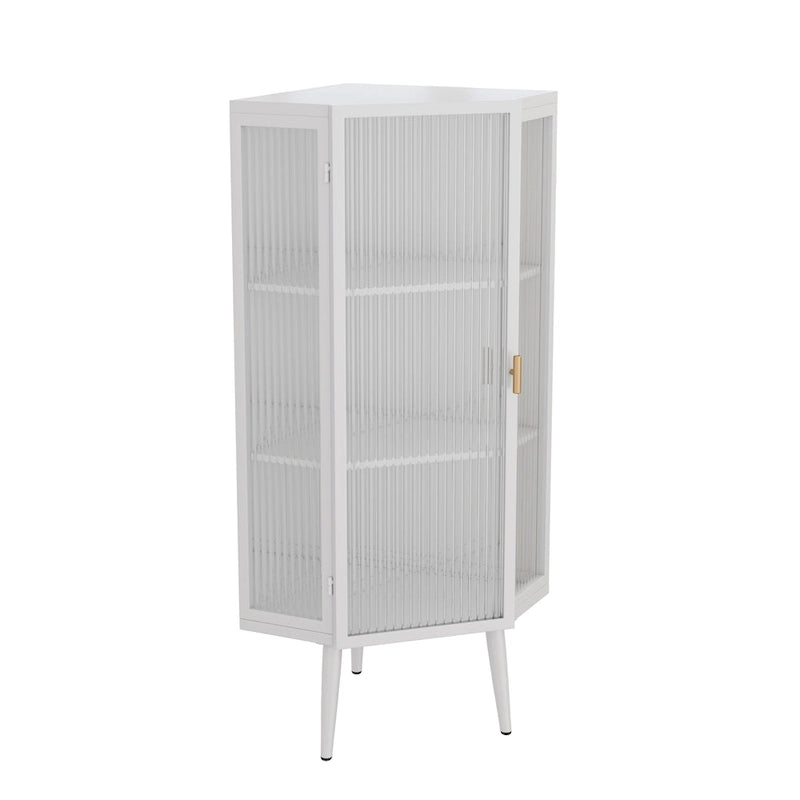 3-Tier Corner Cabinet - Tempered Glass Doors, Iron Frame, 66lb Top Capacity, Black/White, Double-Layer Storage, 22x43"