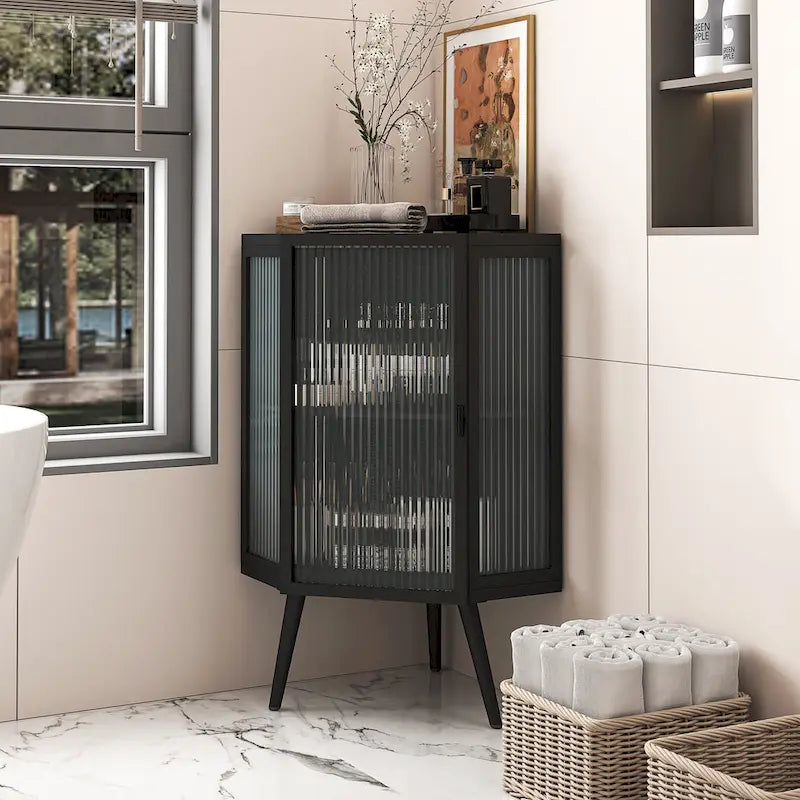 3-Tier Corner Cabinet - Tempered Glass Doors, Iron Frame, 66lb Top Capacity, Black/White, Double-Layer Storage, 22x43"