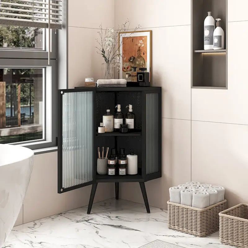 3-Tier Corner Cabinet - Tempered Glass Doors, Iron Frame, 66lb Top Capacity, Black/White, Double-Layer Storage, 22x43"