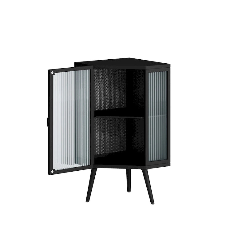 3-Tier Corner Cabinet - Tempered Glass Doors, Iron Frame, 66lb Top Capacity, Black/White, Double-Layer Storage, 22x43"