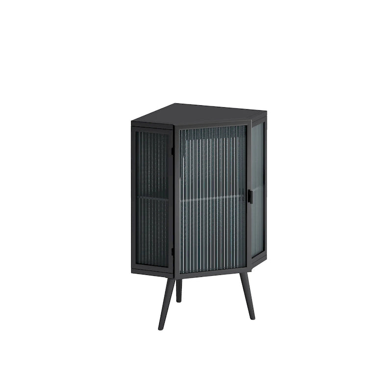 3-Tier Corner Cabinet - Tempered Glass Doors, Iron Frame, 66lb Top Capacity, Black/White, Double-Layer Storage, 22x43"