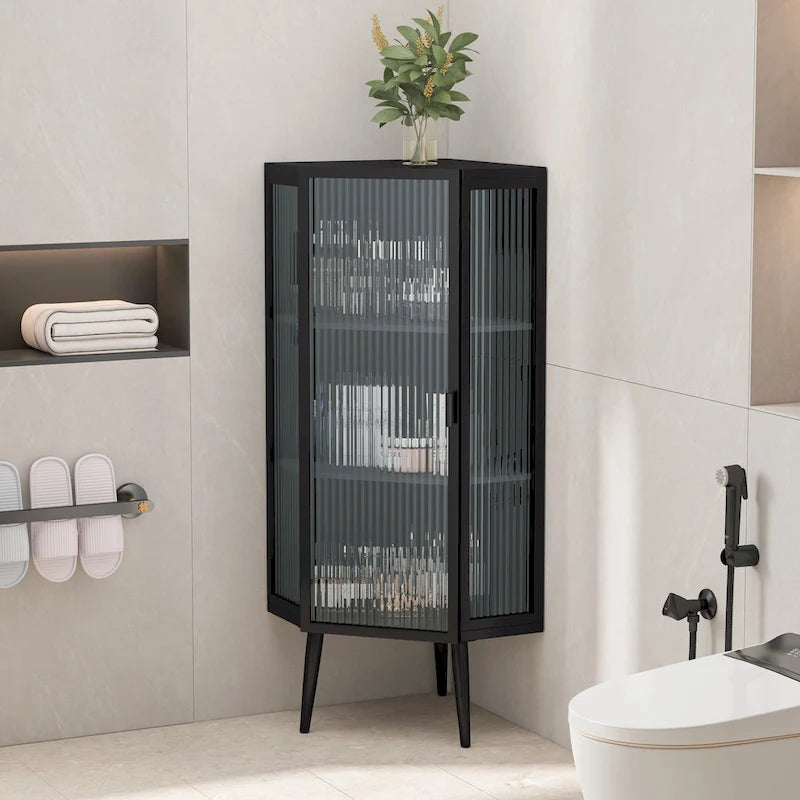 3-Tier Corner Cabinet - Tempered Glass Doors, Iron Frame, 66lb Top Capacity, Black/White, Double-Layer Storage, 22x43"