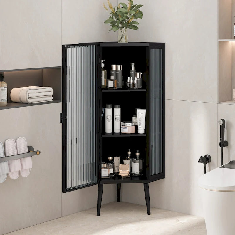3-Tier Corner Cabinet - Tempered Glass Doors, Iron Frame, 66lb Top Capacity, Black/White, Double-Layer Storage, 22x43"