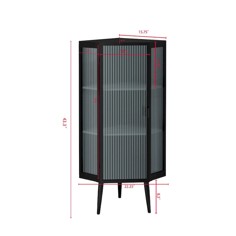 3-Tier Corner Cabinet - Tempered Glass Doors, Iron Frame, 66lb Top Capacity, Black/White, Double-Layer Storage, 22x43"