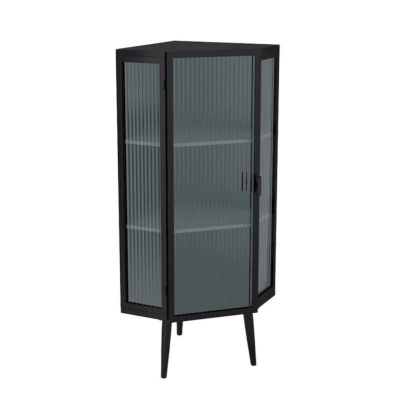 3-Tier Corner Cabinet - Tempered Glass Doors, Iron Frame, 66lb Top Capacity, Black/White, Double-Layer Storage, 22x43"
