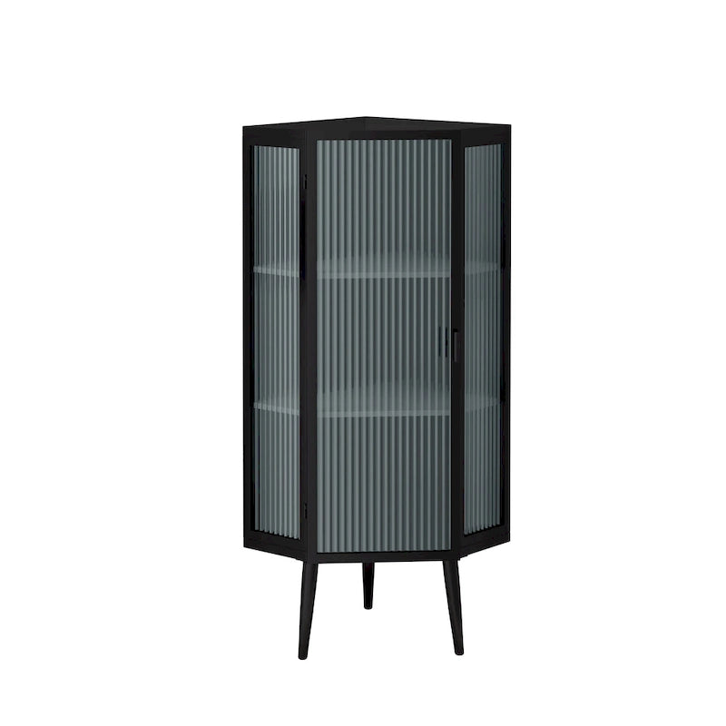 3-Tier Corner Cabinet - Tempered Glass Doors, Iron Frame, 66lb Top Capacity, Black/White, Double-Layer Storage, 22x43"