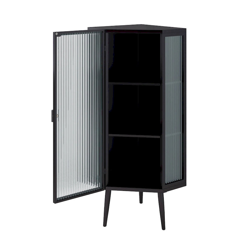 3-Tier Corner Cabinet - Tempered Glass Doors, Iron Frame, 66lb Top Capacity, Black/White, Double-Layer Storage, 22x43"