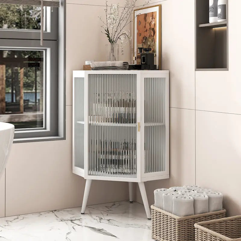 3-Tier Corner Cabinet - Tempered Glass Doors, Iron Frame, 66lb Top Capacity, Black/White, Double-Layer Storage, 22x43"