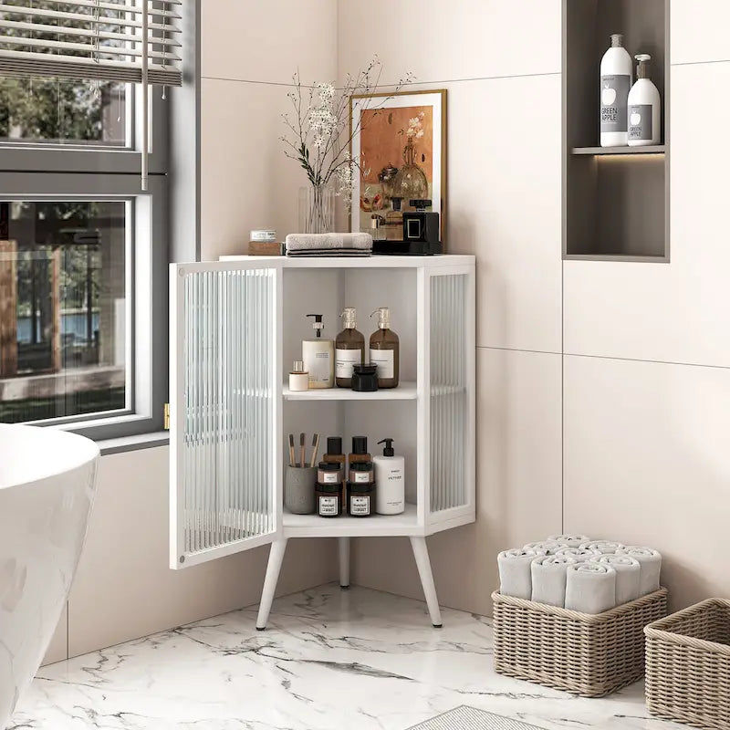 3-Tier Corner Cabinet - Tempered Glass Doors, Iron Frame, 66lb Top Capacity, Black/White, Double-Layer Storage, 22x43"