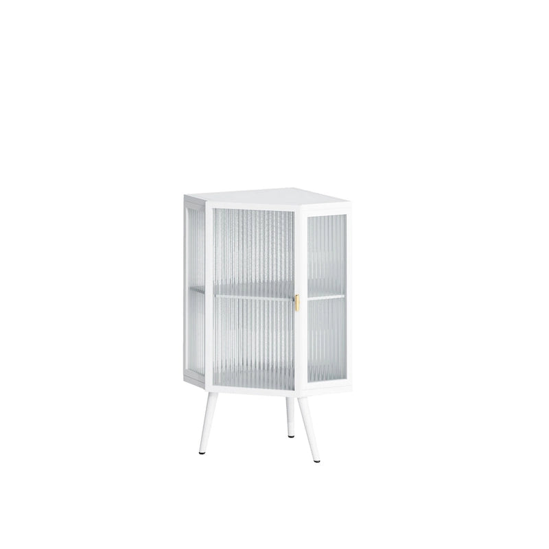 3-Tier Corner Cabinet - Tempered Glass Doors, Iron Frame, 66lb Top Capacity, Black/White, Double-Layer Storage, 22x43"