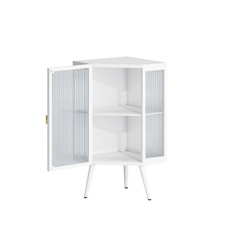 3-Tier Corner Cabinet - Tempered Glass Doors, Iron Frame, 66lb Top Capacity, Black/White, Double-Layer Storage, 22x43"