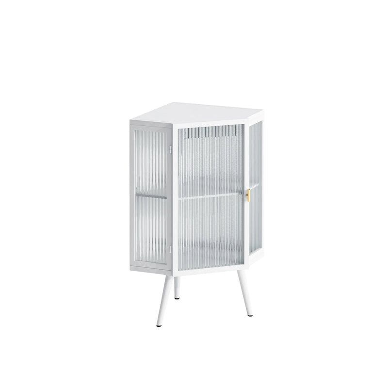 3-Tier Corner Cabinet - Tempered Glass Doors, Iron Frame, 66lb Top Capacity, Black/White, Double-Layer Storage, 22x43"
