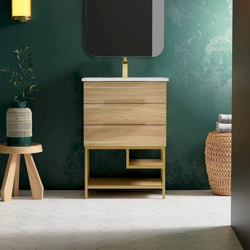 24-Inch Bathroom Vanity in Oak - Mid-Century Modern with Ceramic Top, 2 Soft-Close Drawers, Single Basin, Freestanding