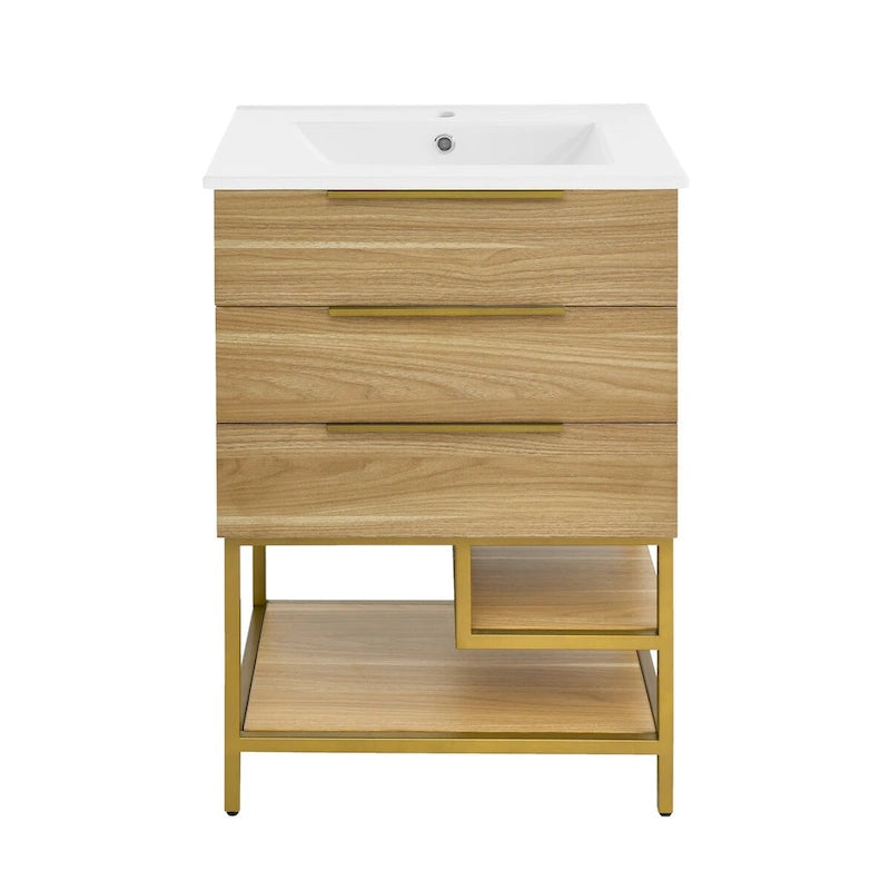 24-Inch Bathroom Vanity in Oak - Mid-Century Modern with Ceramic Top, 2 Soft-Close Drawers, Single Basin, Freestanding