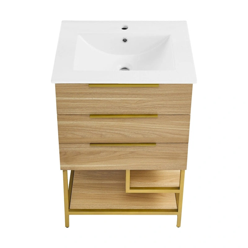 24-Inch Bathroom Vanity in Oak - Mid-Century Modern with Ceramic Top, 2 Soft-Close Drawers, Single Basin, Freestanding