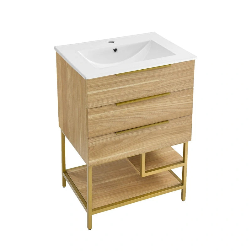 24-Inch Bathroom Vanity in Oak - Mid-Century Modern with Ceramic Top, 2 Soft-Close Drawers, Single Basin, Freestanding