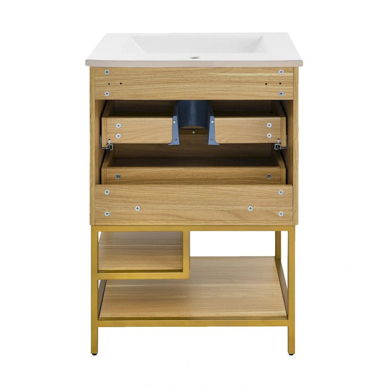 24-Inch Bathroom Vanity in Oak - Mid-Century Modern with Ceramic Top, 2 Soft-Close Drawers, Single Basin, Freestanding