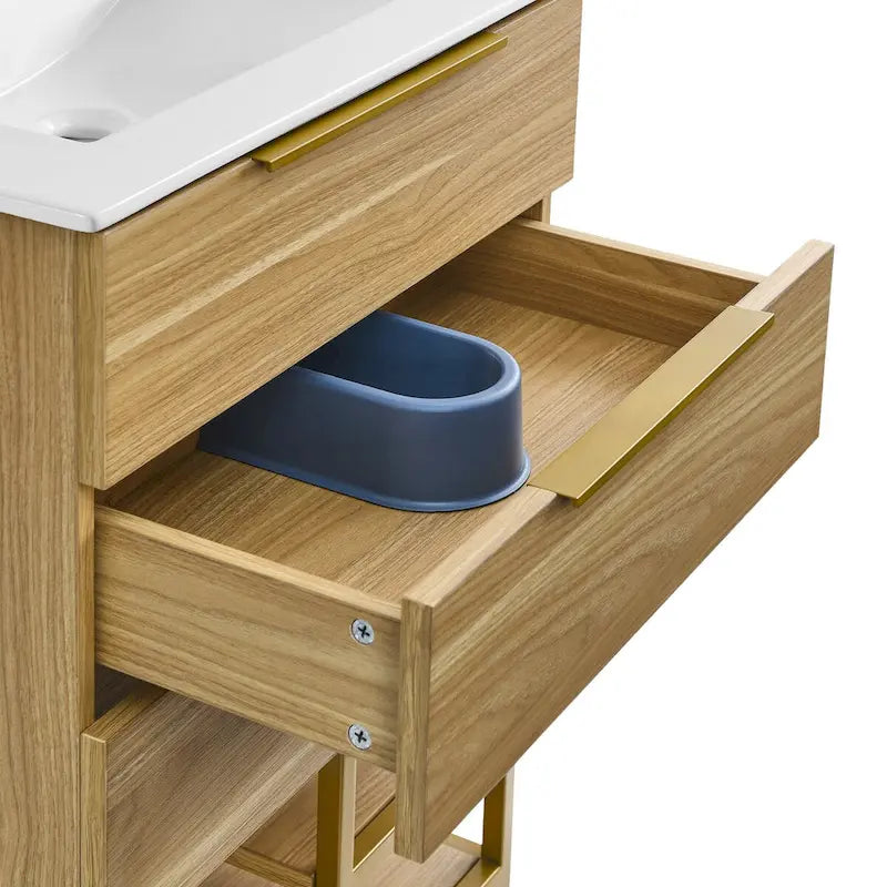24-Inch Bathroom Vanity in Oak - Mid-Century Modern with Ceramic Top, 2 Soft-Close Drawers, Single Basin, Freestanding