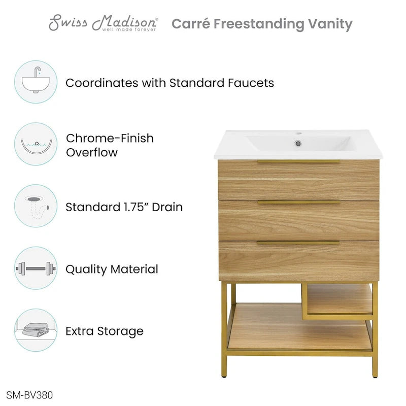 24-Inch Bathroom Vanity in Oak - Mid-Century Modern with Ceramic Top, 2 Soft-Close Drawers, Single Basin, Freestanding