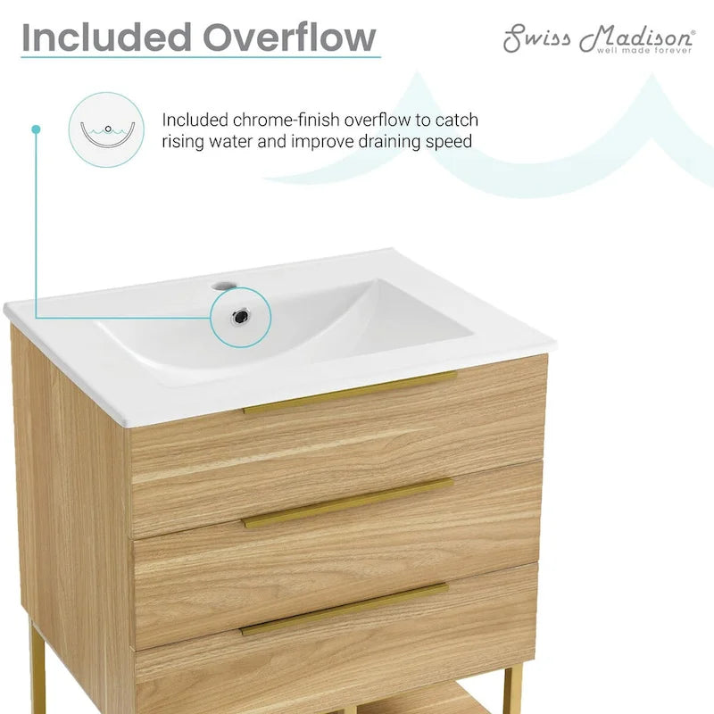 24-Inch Bathroom Vanity in Oak - Mid-Century Modern with Ceramic Top, 2 Soft-Close Drawers, Single Basin, Freestanding