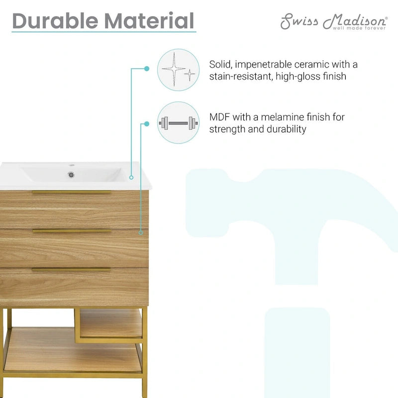 24-Inch Bathroom Vanity in Oak - Mid-Century Modern with Ceramic Top, 2 Soft-Close Drawers, Single Basin, Freestanding