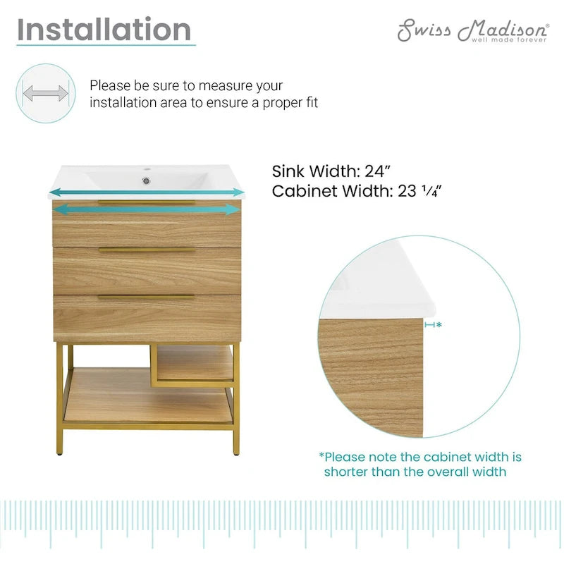 24-Inch Bathroom Vanity in Oak - Mid-Century Modern with Ceramic Top, 2 Soft-Close Drawers, Single Basin, Freestanding