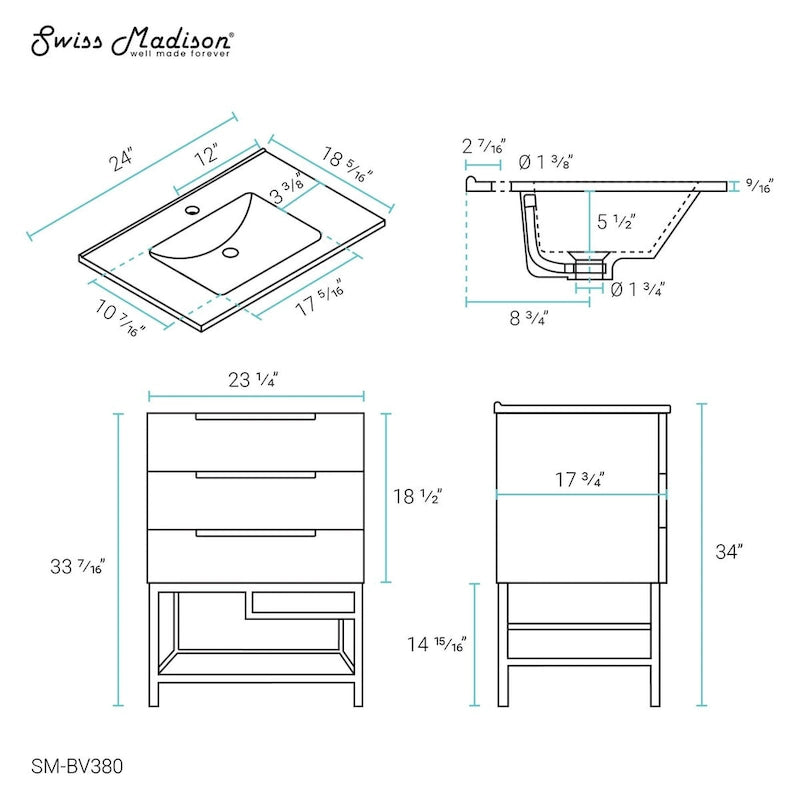 24-Inch Bathroom Vanity in Oak - Mid-Century Modern with Ceramic Top, 2 Soft-Close Drawers, Single Basin, Freestanding