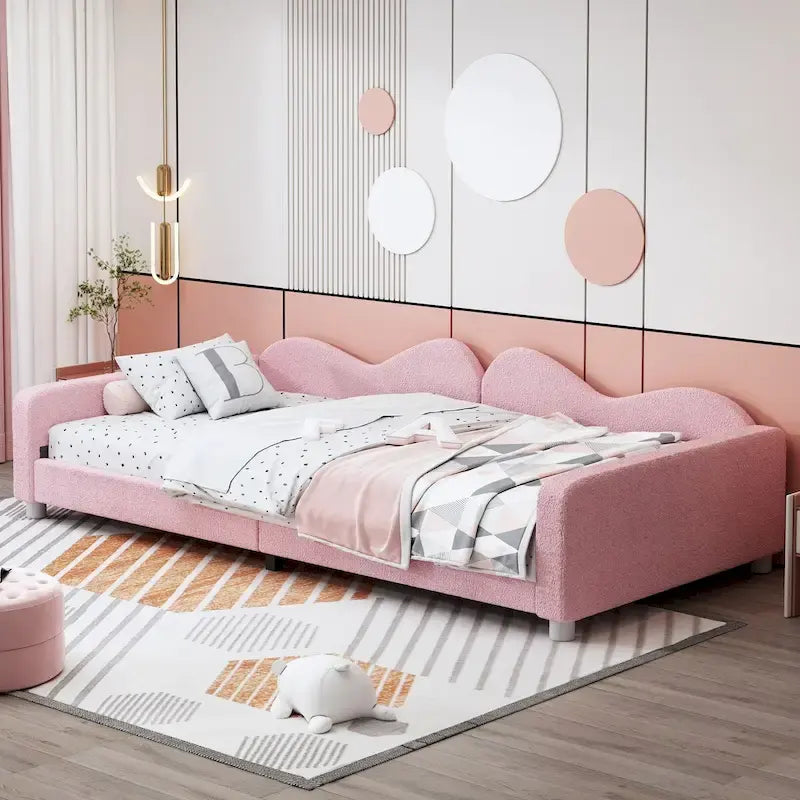 Twin Upholstered Daybed with Cloud-Shaped Backrest - Sherpa Fabric, 81L x 42W x 20.8H, Modern Bedroom Furniture