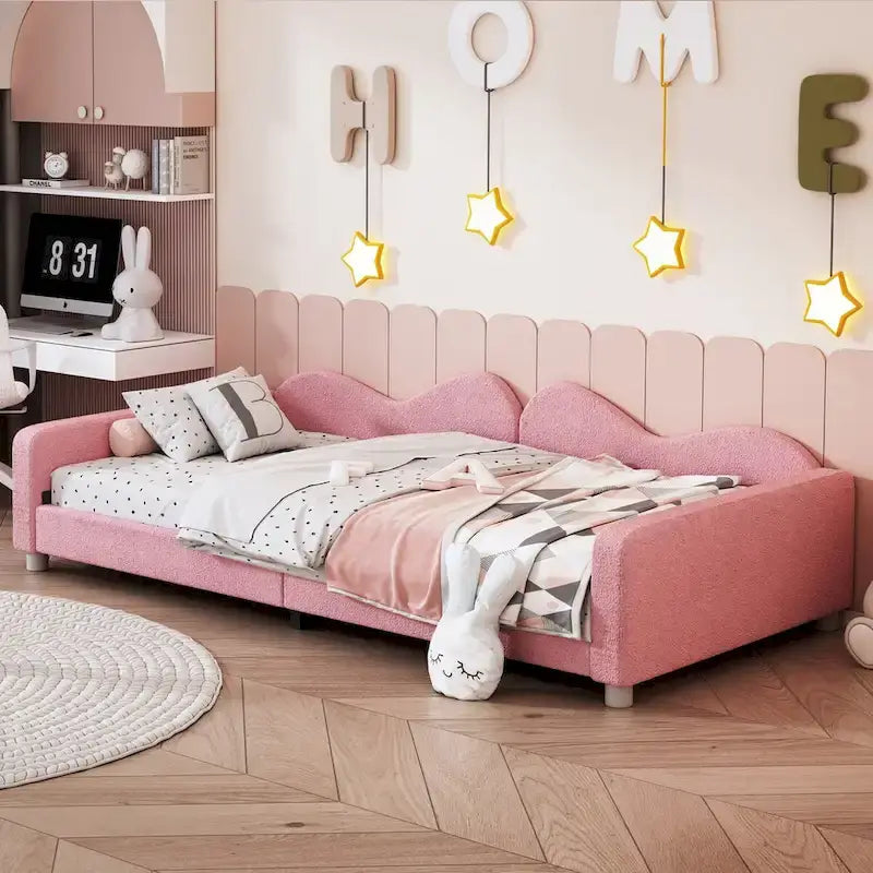Twin Upholstered Daybed with Cloud-Shaped Backrest - Sherpa Fabric, 81L x 42W x 20.8H, Modern Bedroom Furniture