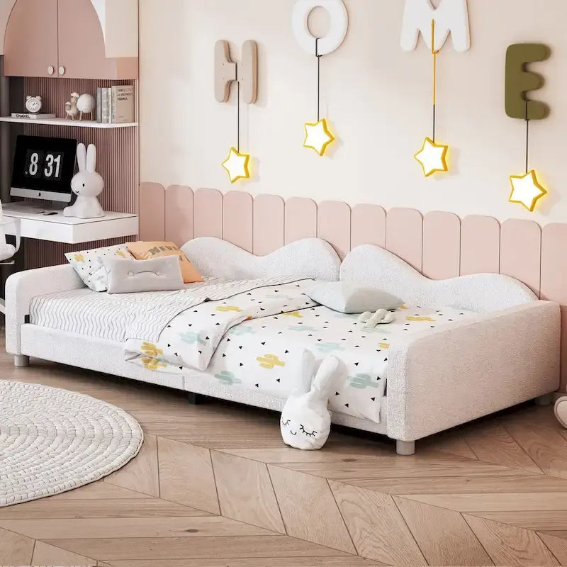 Twin Upholstered Daybed with Cloud-Shaped Backrest - Sherpa Fabric, 81L x 42W x 20.8H, Modern Bedroom Furniture