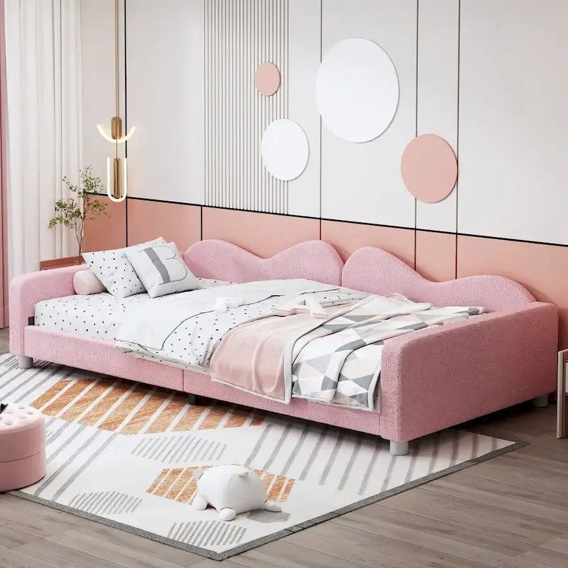 Twin Upholstered Daybed with Cloud-Shaped Backrest - Sherpa Fabric, 81L x 42W x 20.8H, Modern Bedroom Furniture
