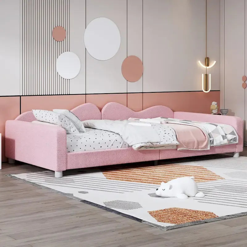Twin Upholstered Daybed with Cloud-Shaped Backrest - Sherpa Fabric, 81L x 42W x 20.8H, Modern Bedroom Furniture