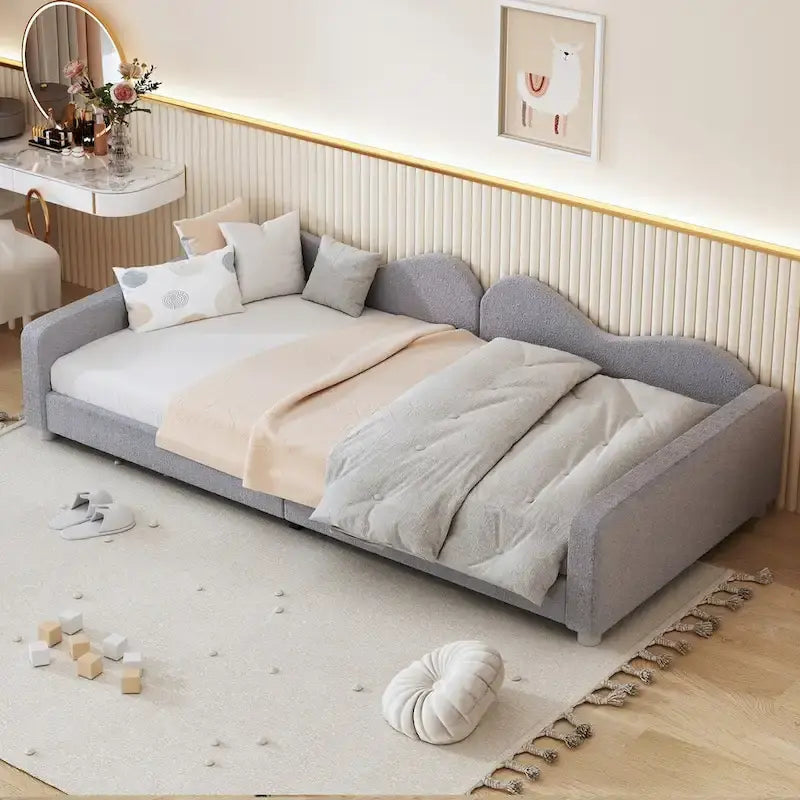 Twin Upholstered Daybed with Cloud-Shaped Backrest - Sherpa Fabric, 81L x 42W x 20.8H, Modern Bedroom Furniture