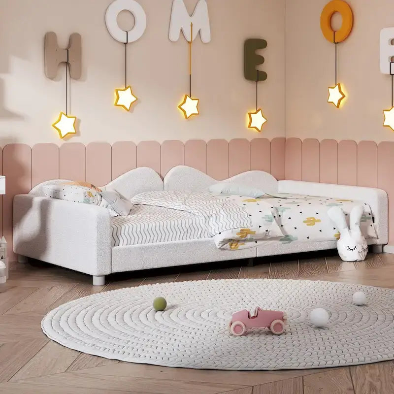 Twin Upholstered Daybed with Cloud-Shaped Backrest - Sherpa Fabric, 81L x 42W x 20.8H, Modern Bedroom Furniture