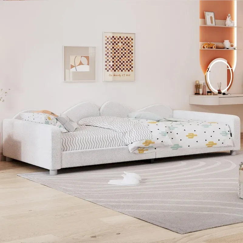 Twin Upholstered Daybed with Cloud-Shaped Backrest - Sherpa Fabric, 81L x 42W x 20.8H, Modern Bedroom Furniture
