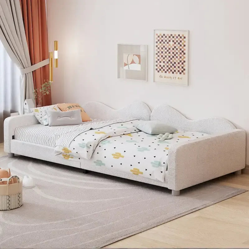 Twin Upholstered Daybed with Cloud-Shaped Backrest - Sherpa Fabric, 81L x 42W x 20.8H, Modern Bedroom Furniture