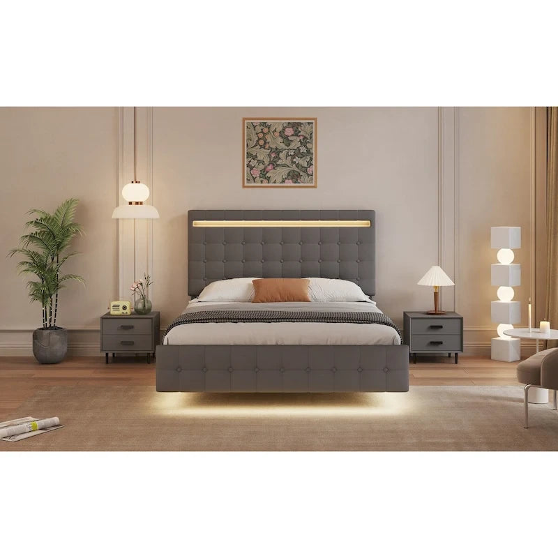 Queen Size Floating Platform Bed Frame with LED Lights & Upholstered Headboard - Wood Slat Support, 900 lbs Capacity, No Box Spring Required