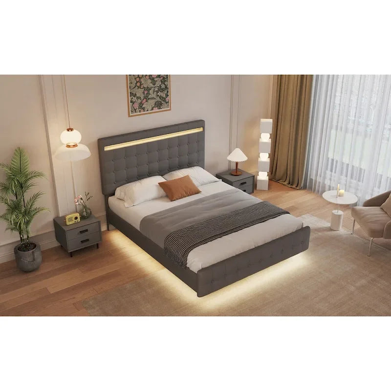 Queen Size Floating Platform Bed Frame with LED Lights & Upholstered Headboard - Wood Slat Support, 900 lbs Capacity, No Box Spring Required