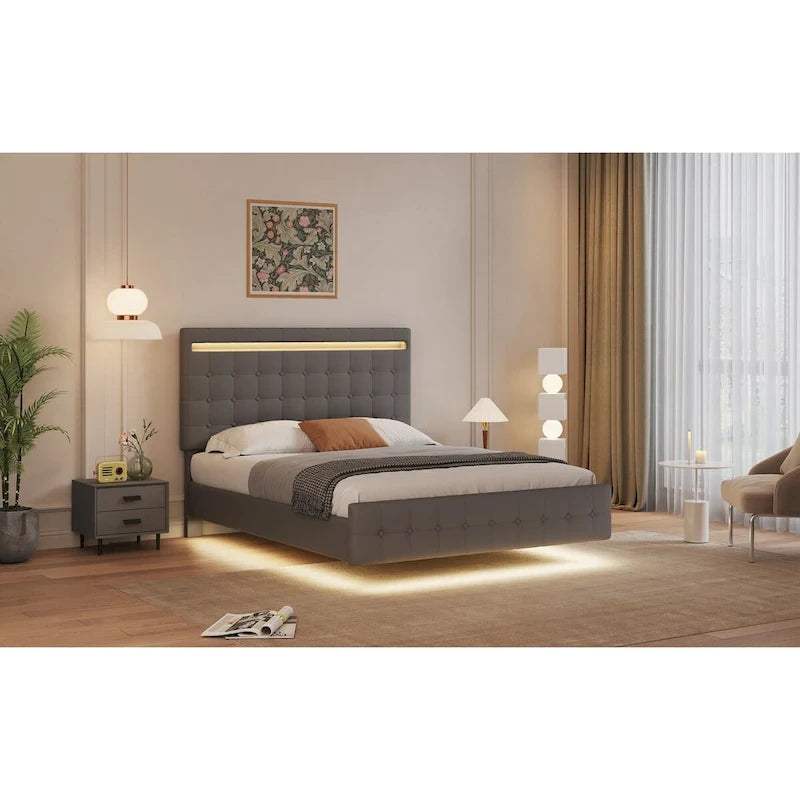 Queen Size Floating Platform Bed Frame with LED Lights & Upholstered Headboard - Wood Slat Support, 900 lbs Capacity, No Box Spring Required