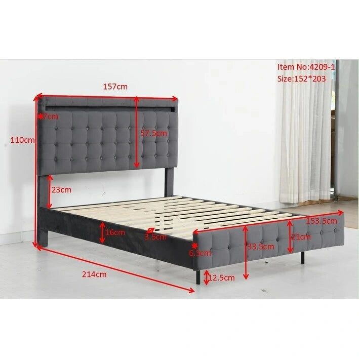 Queen Size Floating Platform Bed Frame with LED Lights & Upholstered Headboard - Wood Slat Support, 900 lbs Capacity, No Box Spring Required