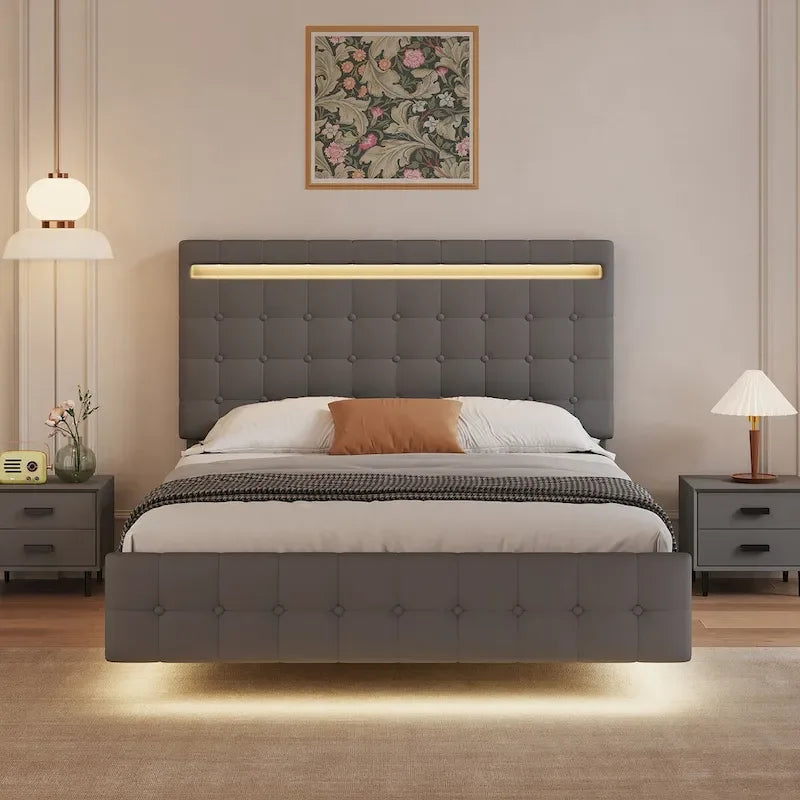 Queen Size Floating Platform Bed Frame with LED Lights & Upholstered Headboard - Wood Slat Support, 900 lbs Capacity, No Box Spring Required