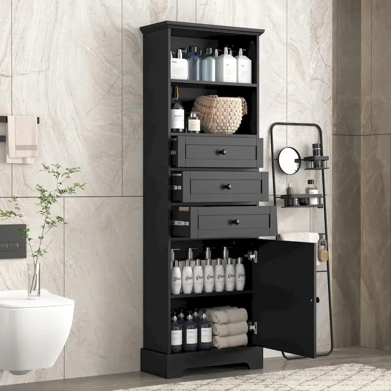 Tall Storage Cabinet with 3 Drawers, Adjustable Shelves & Door - MDF Waterproof Bathroom Organizer with Anti-Tipping Device for Multi-Room Use