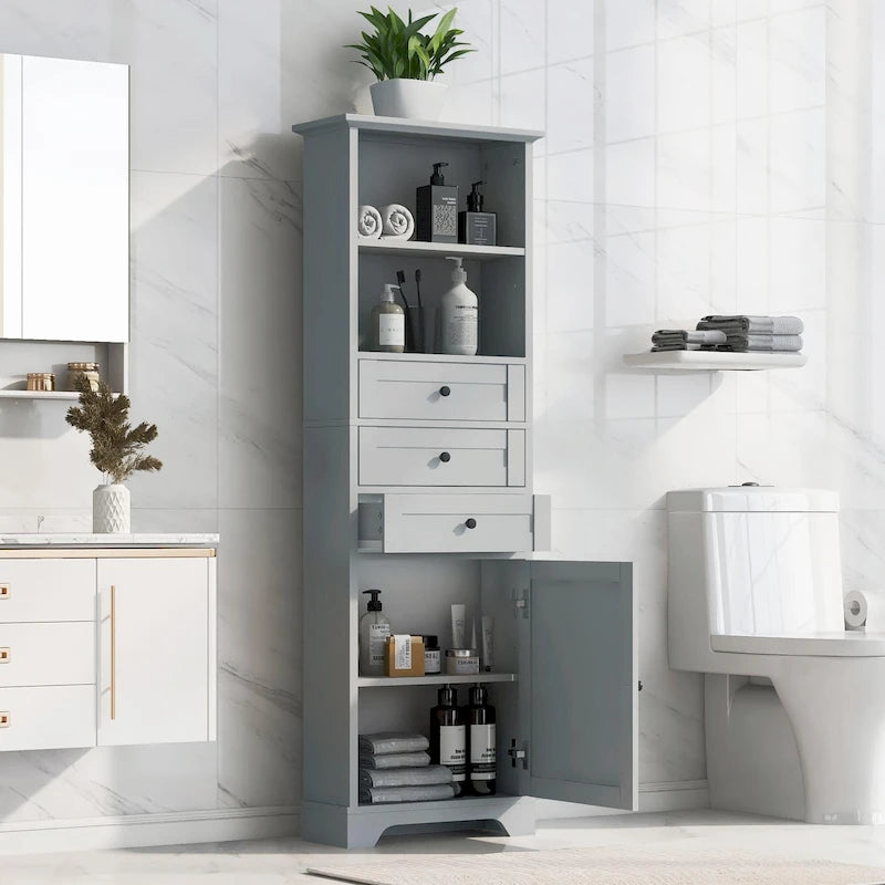 Tall Storage Cabinet with 3 Drawers, Adjustable Shelves & Door - MDF Waterproof Bathroom Organizer with Anti-Tipping Device for Multi-Room Use